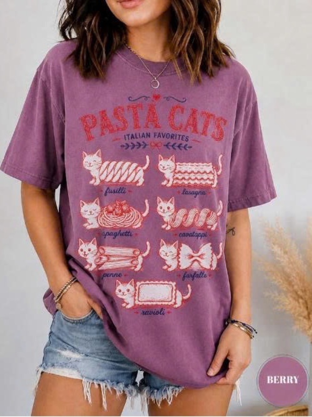 Comfort Berry Purple 'Pasta Cats' Graphic Tee, Retro Cute Cats Spaghetti T-Shirt